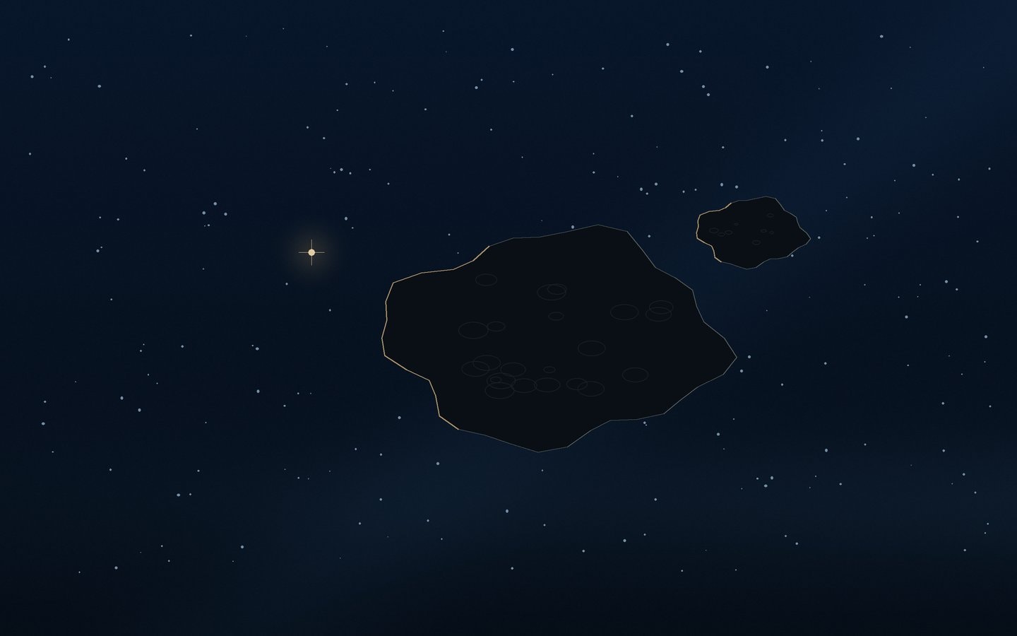 A large dark asteroid shape and a smaller separated dark shape against distant stars