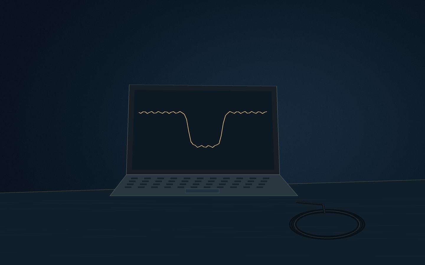 Open dark laptop with a pale line graph beside recording cables