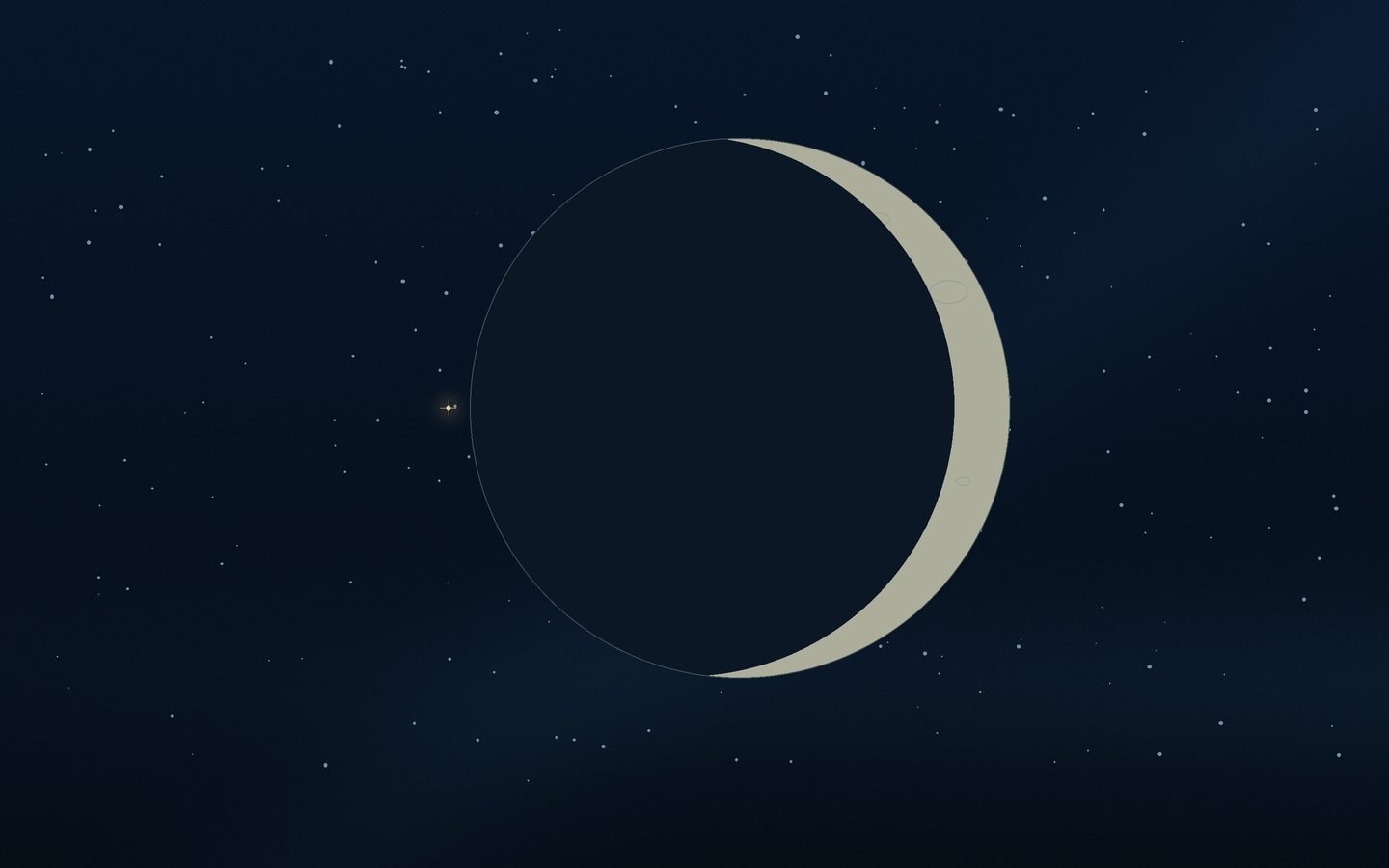 A pale crescent Moon with its dark limb outlined against a blue-black star field