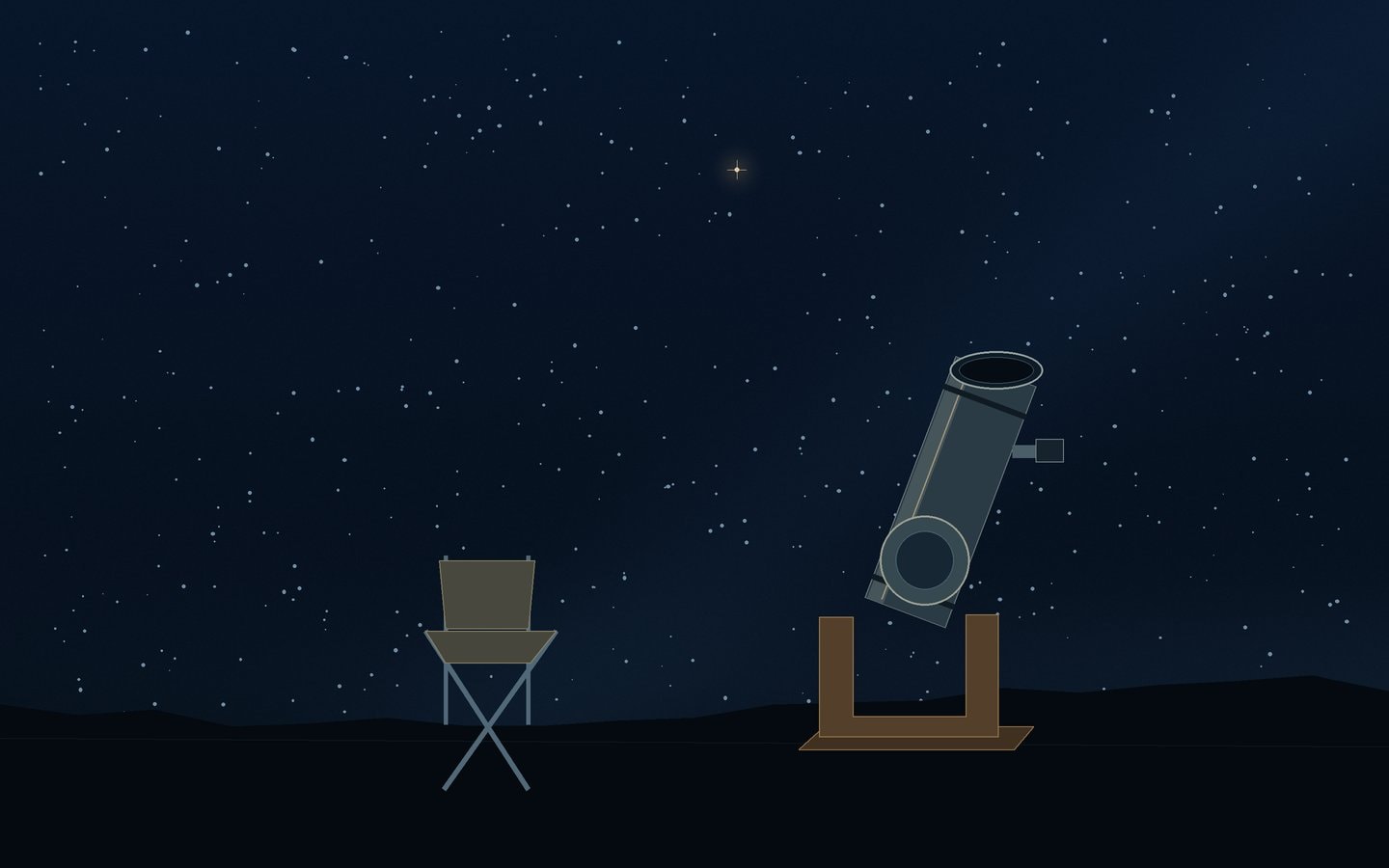 Folding chair beside a small telescope under a starry night sky
