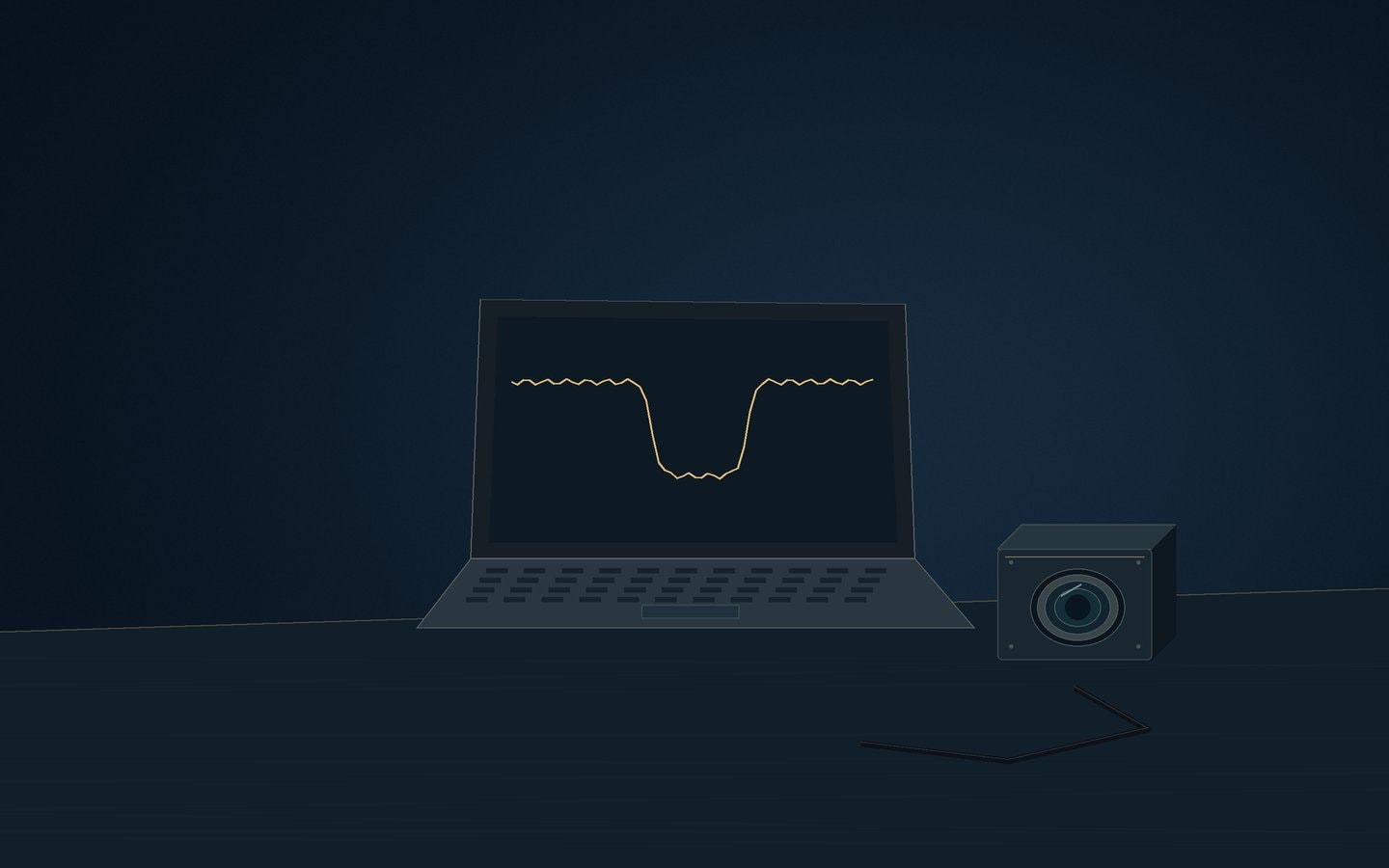A dim laptop with an unlabeled dipping curve beside a small video camera