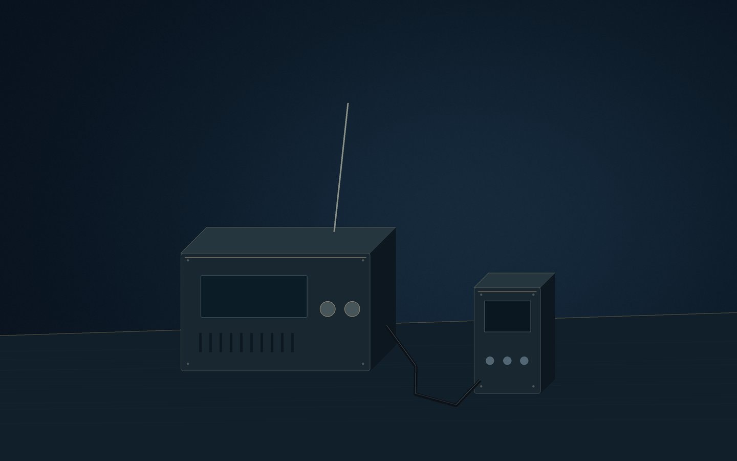 An unbranded radio receiver and a small audio recorder on a dim observing table