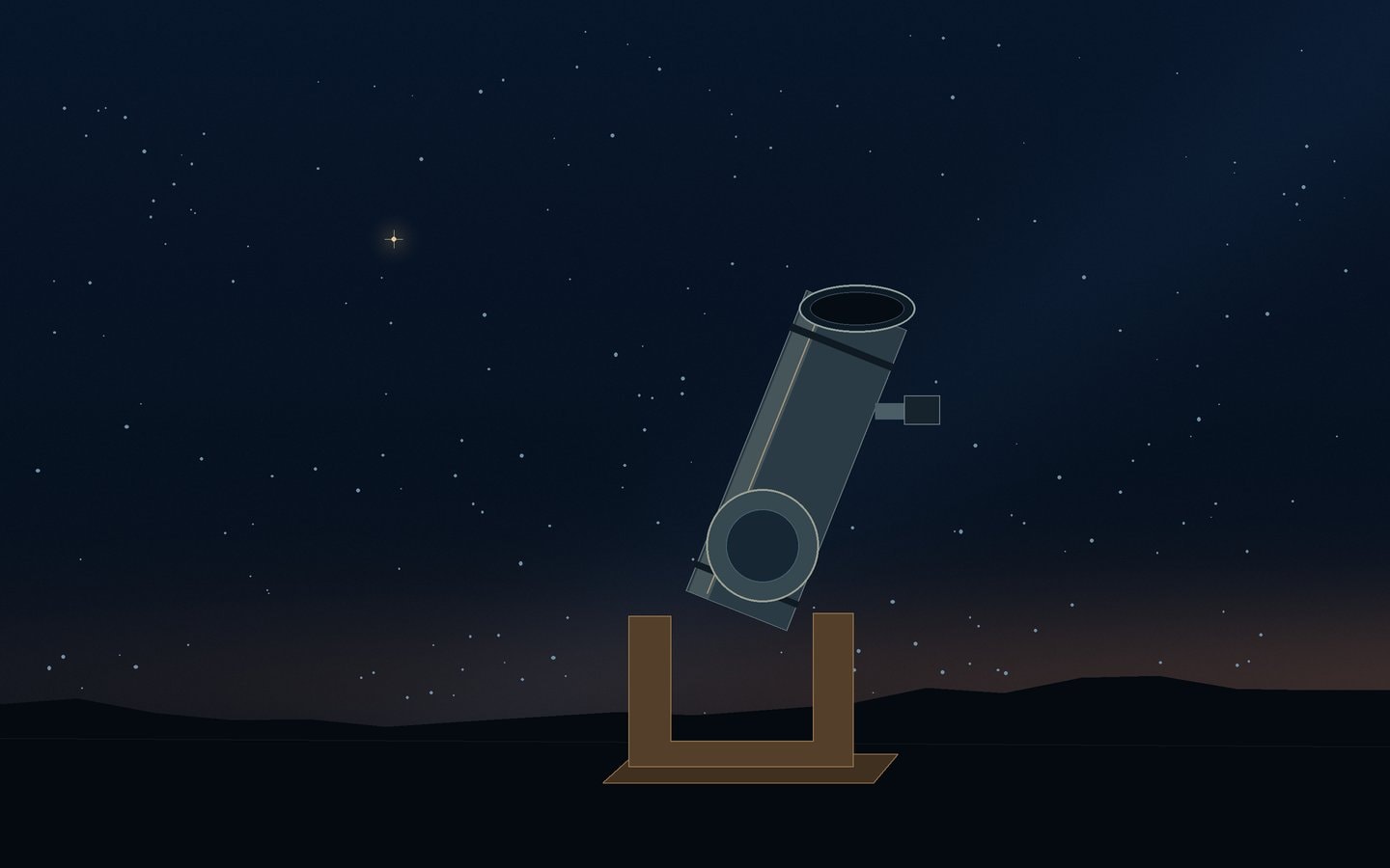 Small reflecting telescope on a wooden box mount beneath a twilight sky